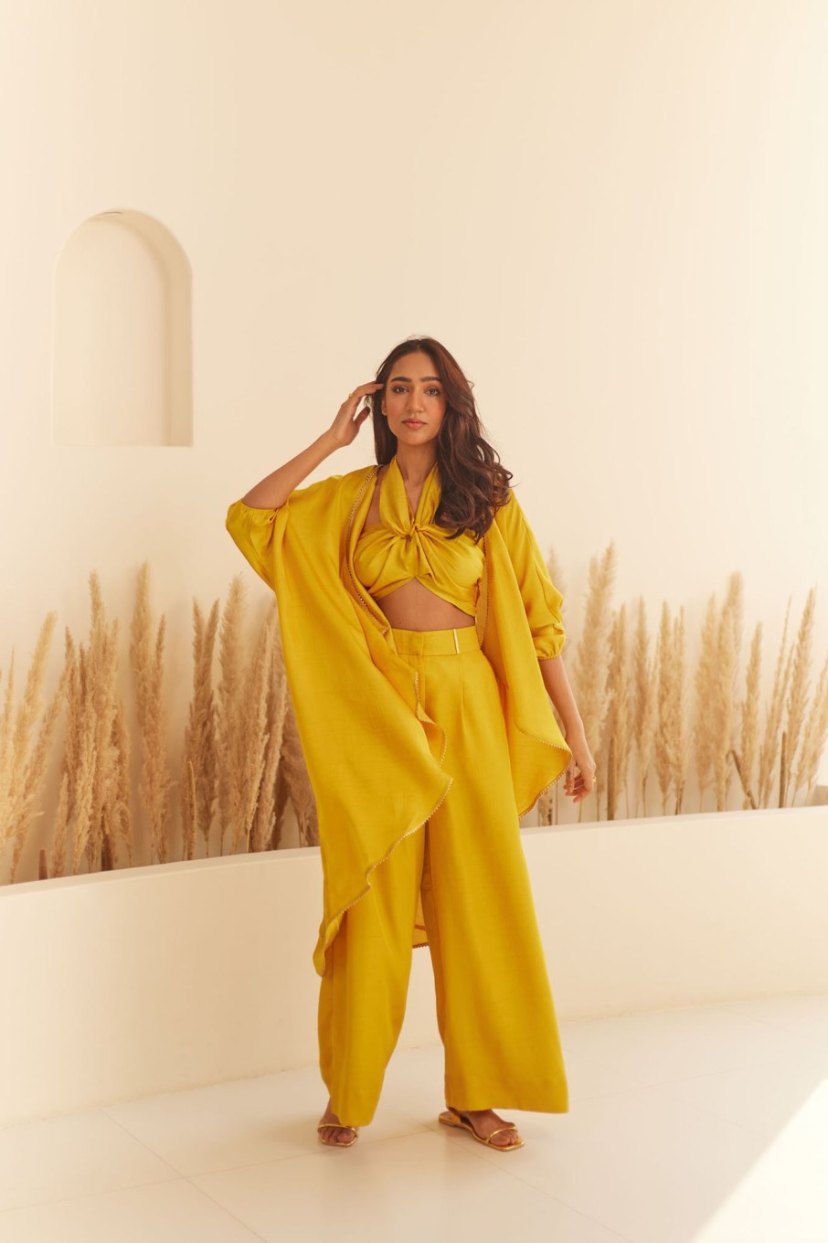 Fashion-Wear Urban Suburban | Yellow Top And Pant Set With Cape