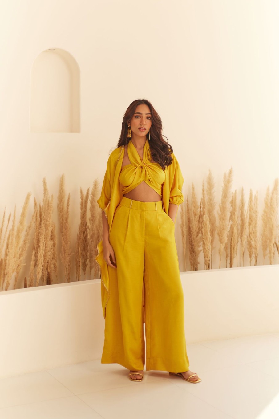 Fashion-Wear Urban Suburban | Yellow Top And Pant Set With Cape