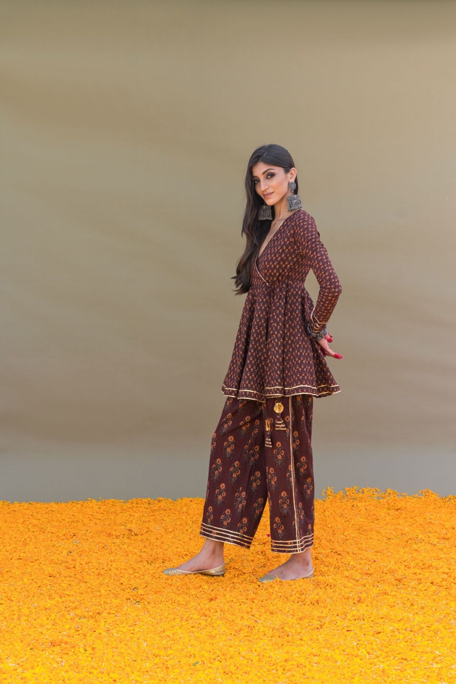 Fashion-Wear Urban Suburban | Brown Cotton Printed Angarkha Set