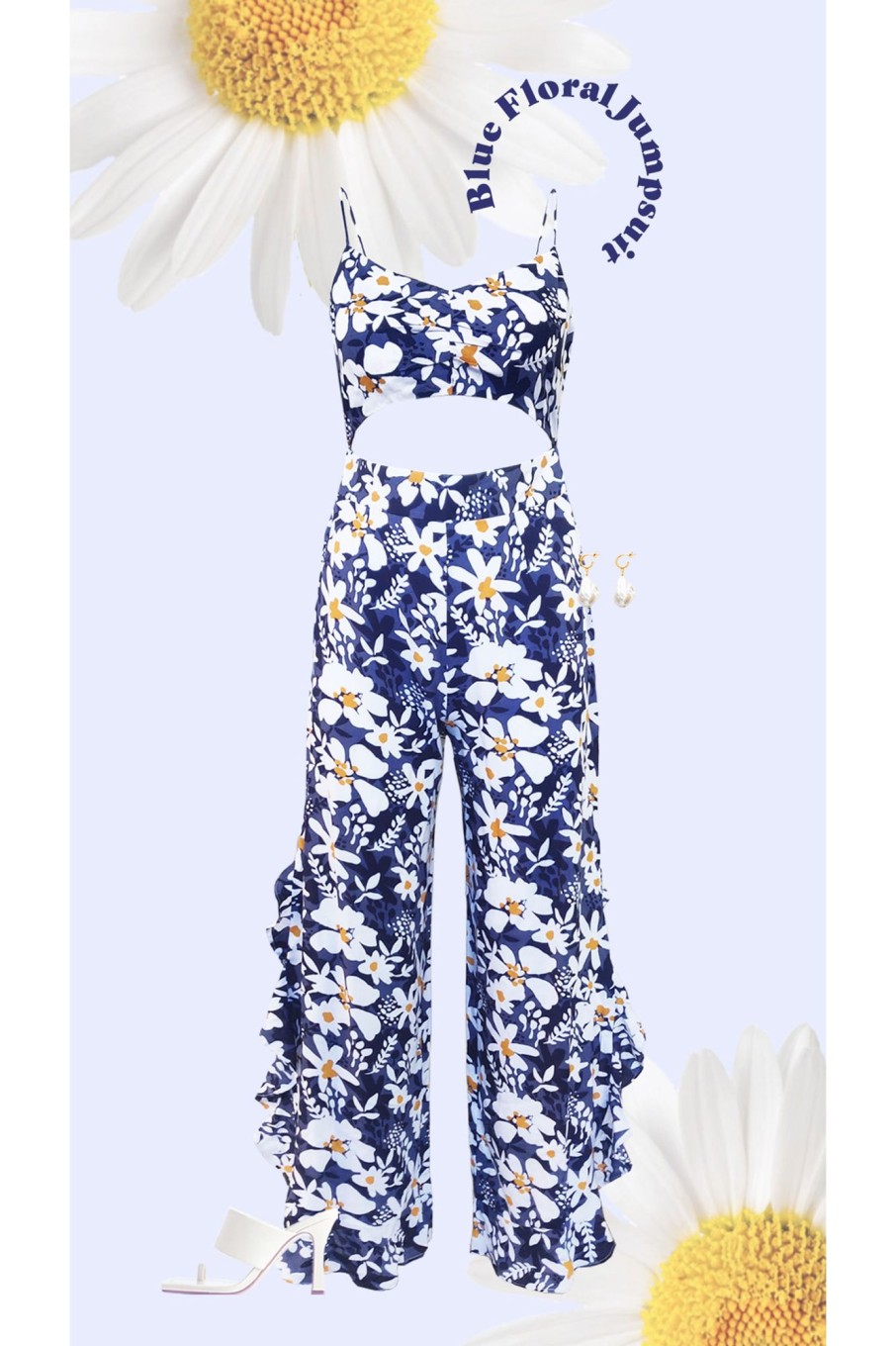 Western-Wear Urban Suburban | Blue Floral Jumpsuit With Slit