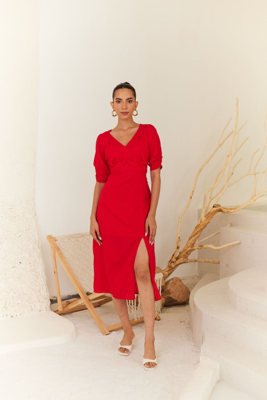 Western-Wear Urban Suburban | Red Midi Dress With Side Slit