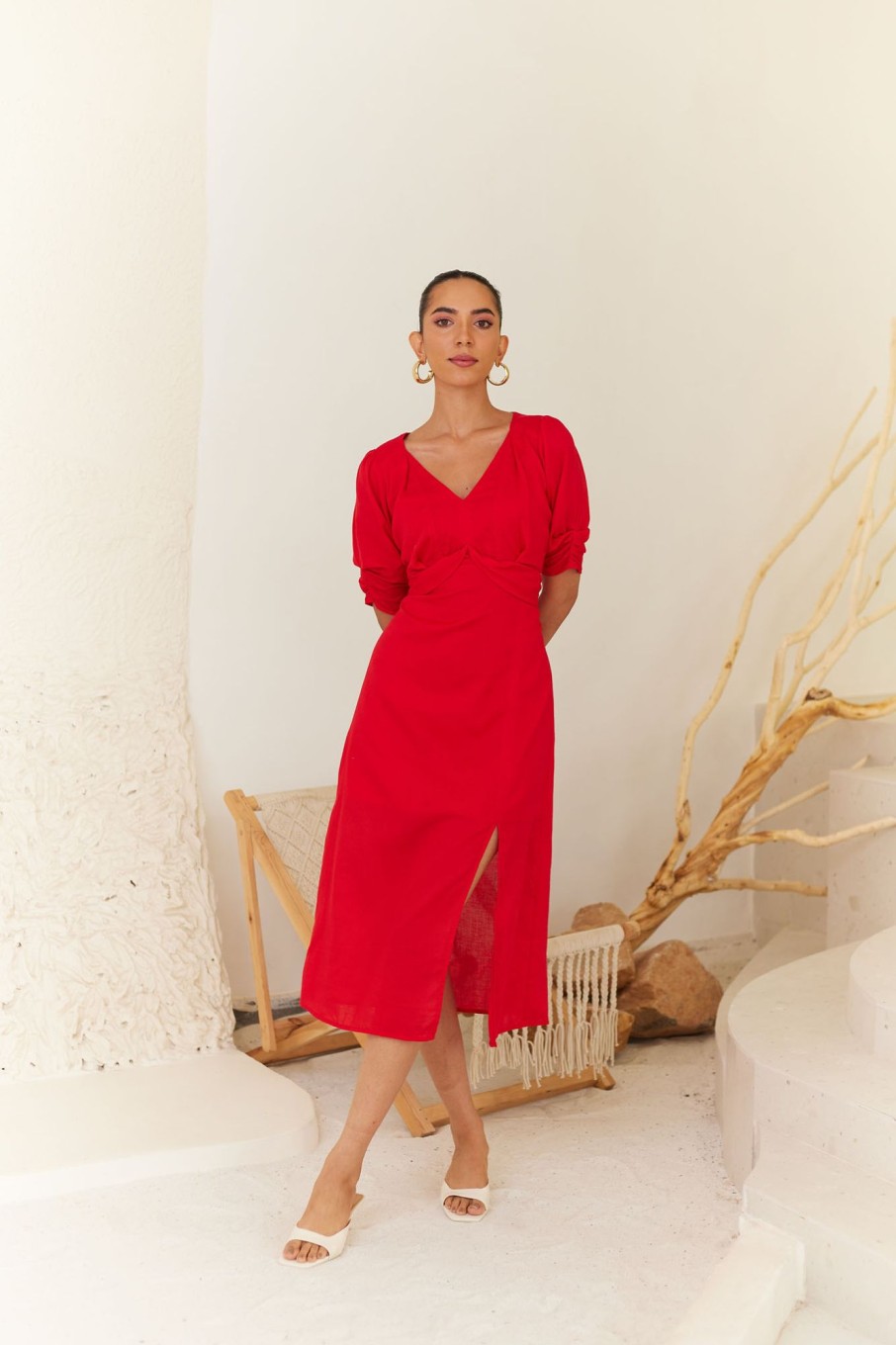 Western-Wear Urban Suburban | Red Midi Dress With Side Slit