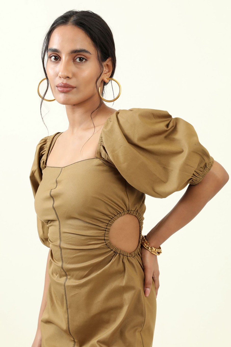 Western-Wear Urban Suburban | Khakhi Waist Cut-Out Midi Dress