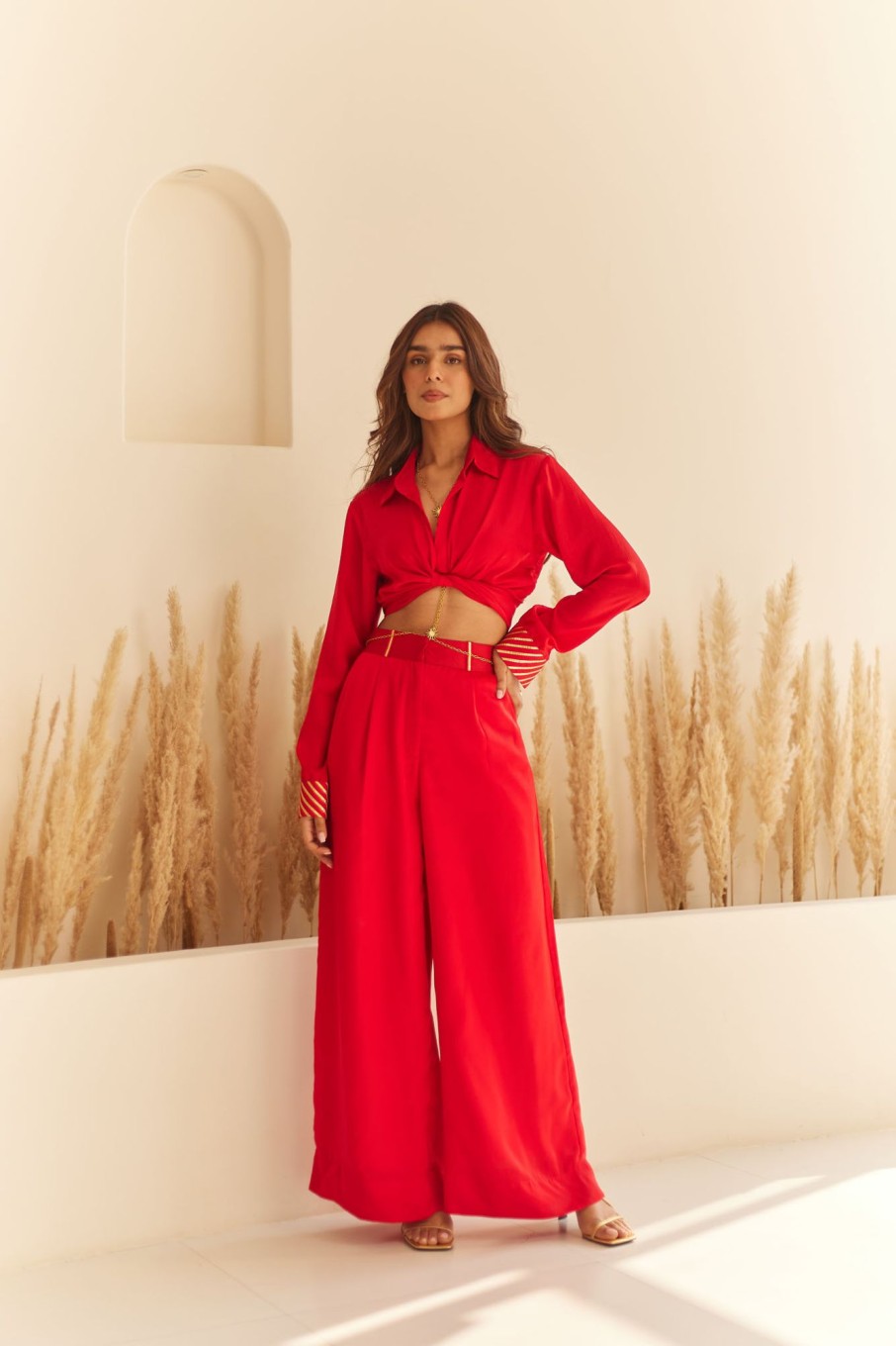 Fashion-Wear Urban Suburban | Red Wrap Shirt & Pant Set